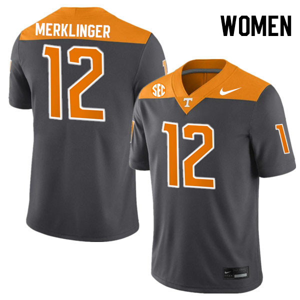 Women #12 Jake Merklinger Tennessee Volunteers College Football Jerseys Stitched-Anthracite